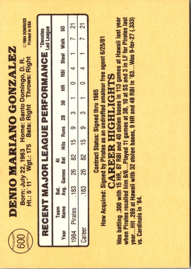 1985 Donruss Denny Gonzalez