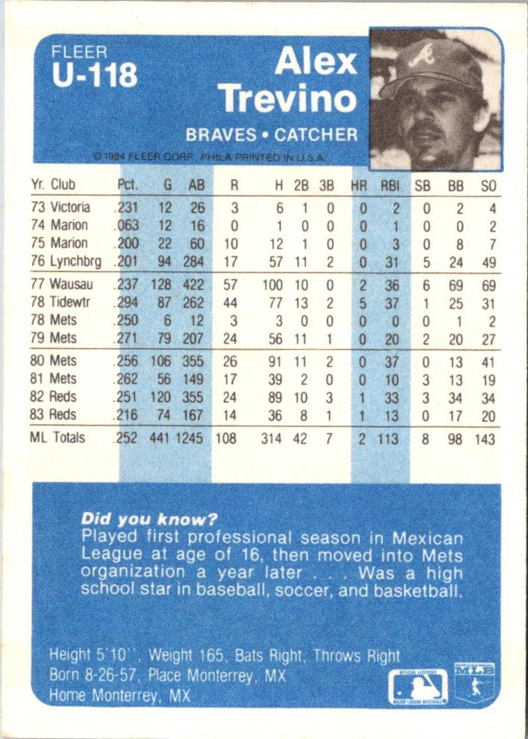 1984 Fleer Update Alex Trevino