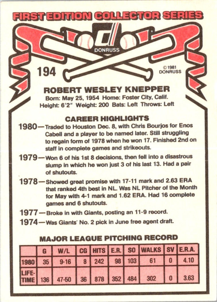 1981 Donruss Bob Knepper