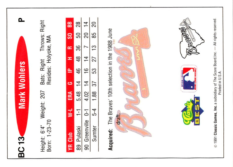 1991 Classic Best Gold Bonus Mark Wohlers