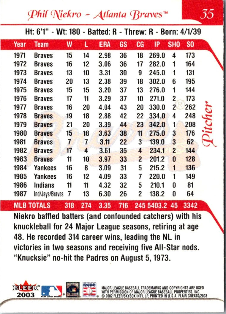 2003 Flair Greats Phil Niekro