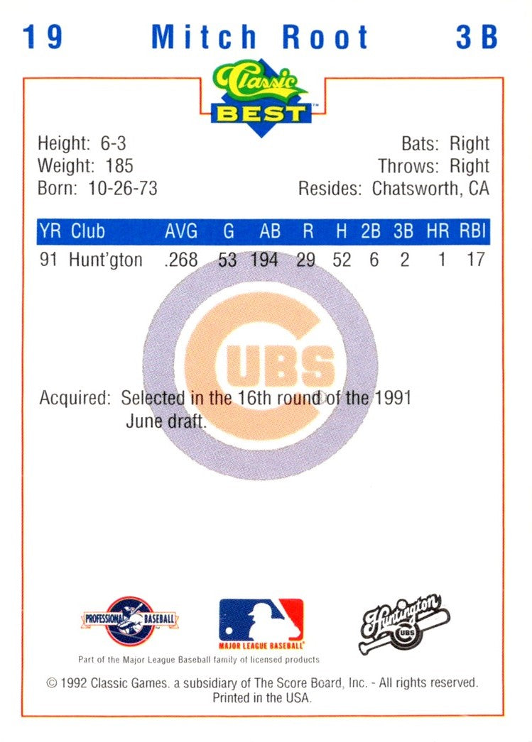 1992 Classic Best Huntington Cubs Mitch Root