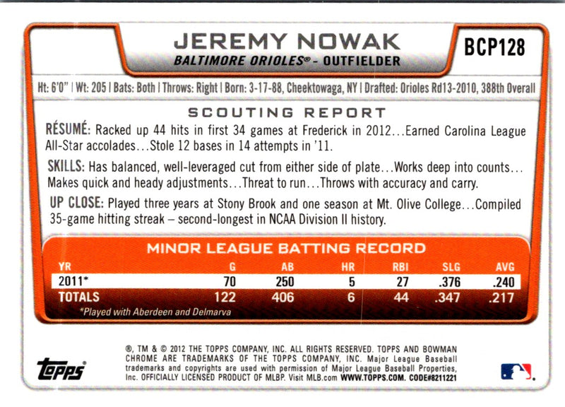 2012 Bowman Chrome Prospects Jeremy Nowak