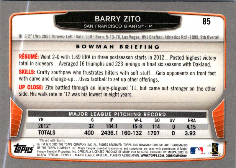 2013 Bowman Chrome Barry Zito