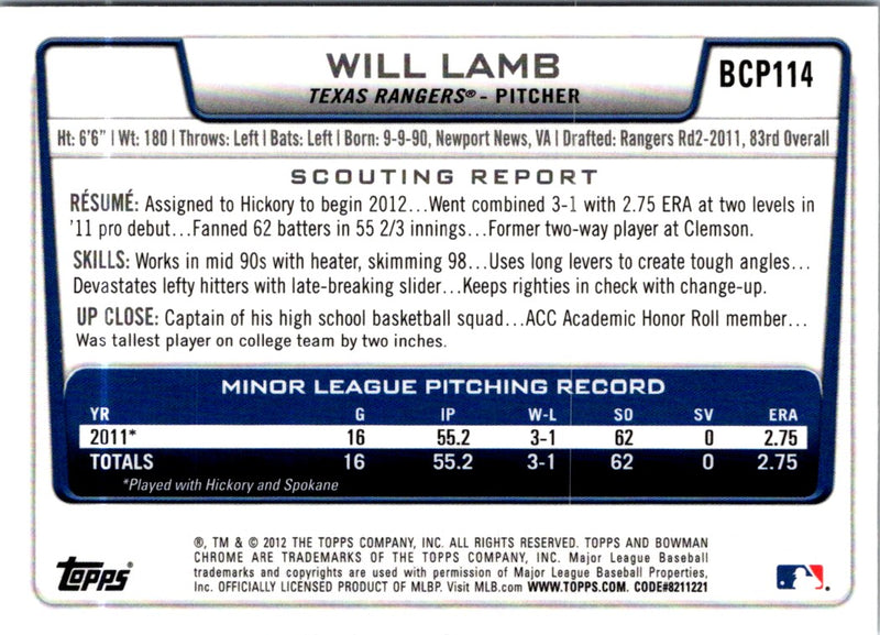 2012 Bowman Chrome Prospects Will Lamb