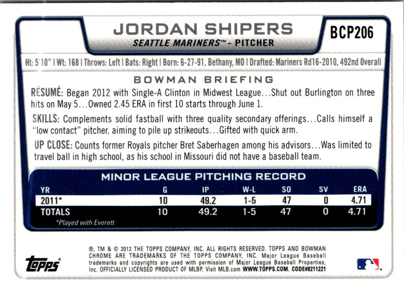 2012 Bowman Chrome Prospects Jordan Shipers