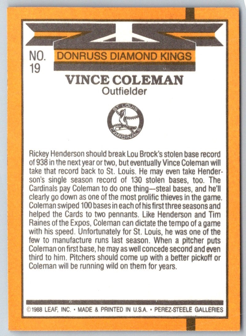 1989 Donruss Diamond King Vince Coleman