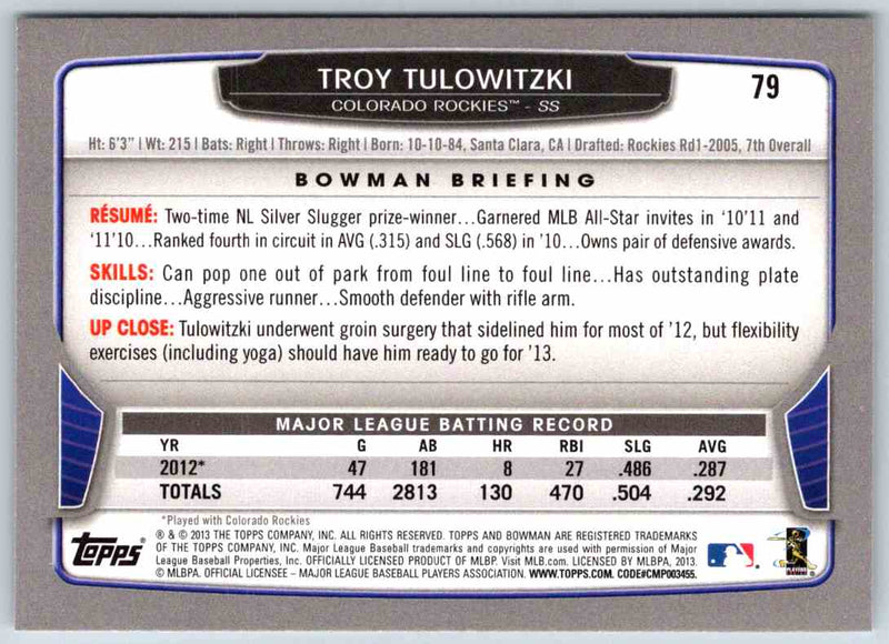 2013 Bowman Troy Tulowitzki