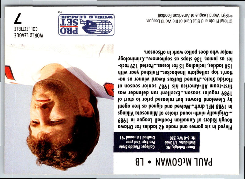 1991 Pro Set WLAF World Bowl Combo Paul McGowan