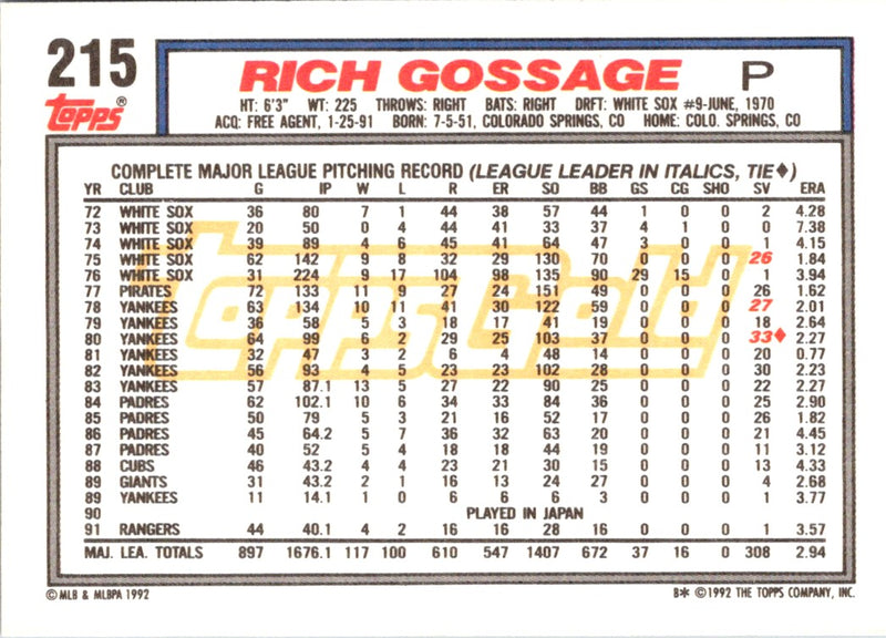 1992 Topps Gold Winners Rich Gossage