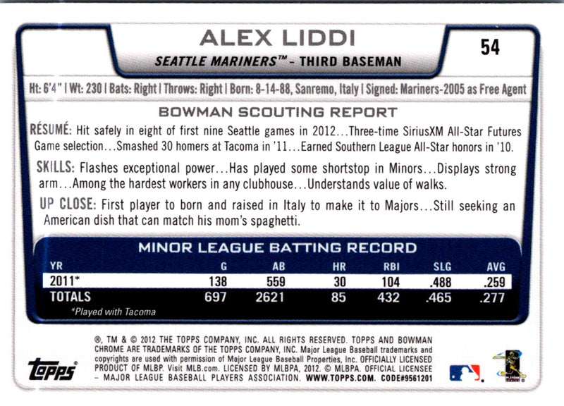 2012 Bowman Draft Picks & Prospects Chrome Alex Liddi