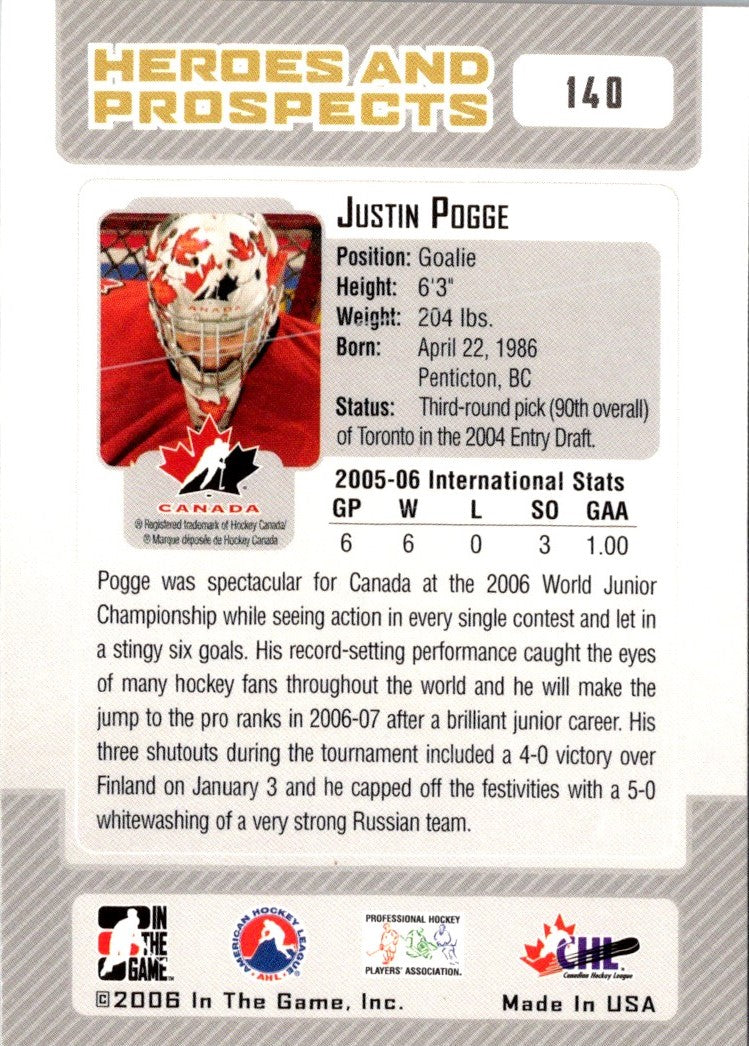2006 In The Game Heroes and Prospects Justin Pogge