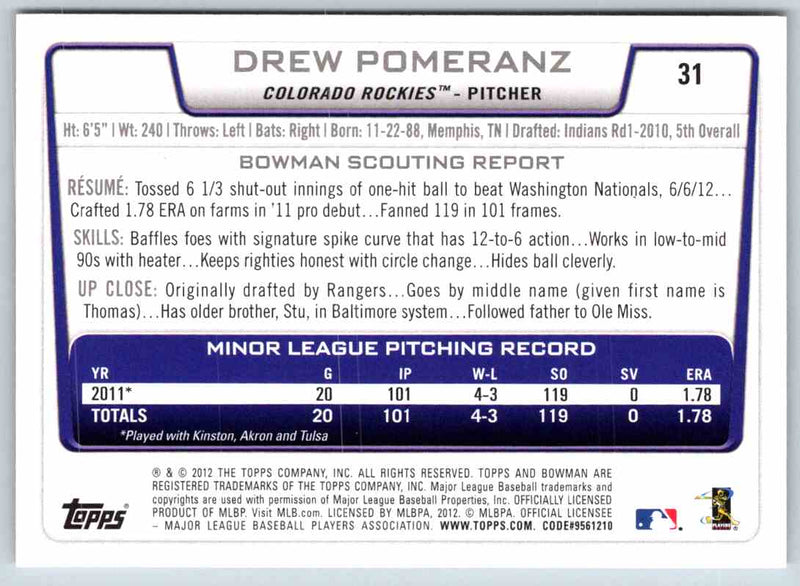 2012 Bowman Drew Pomeranz