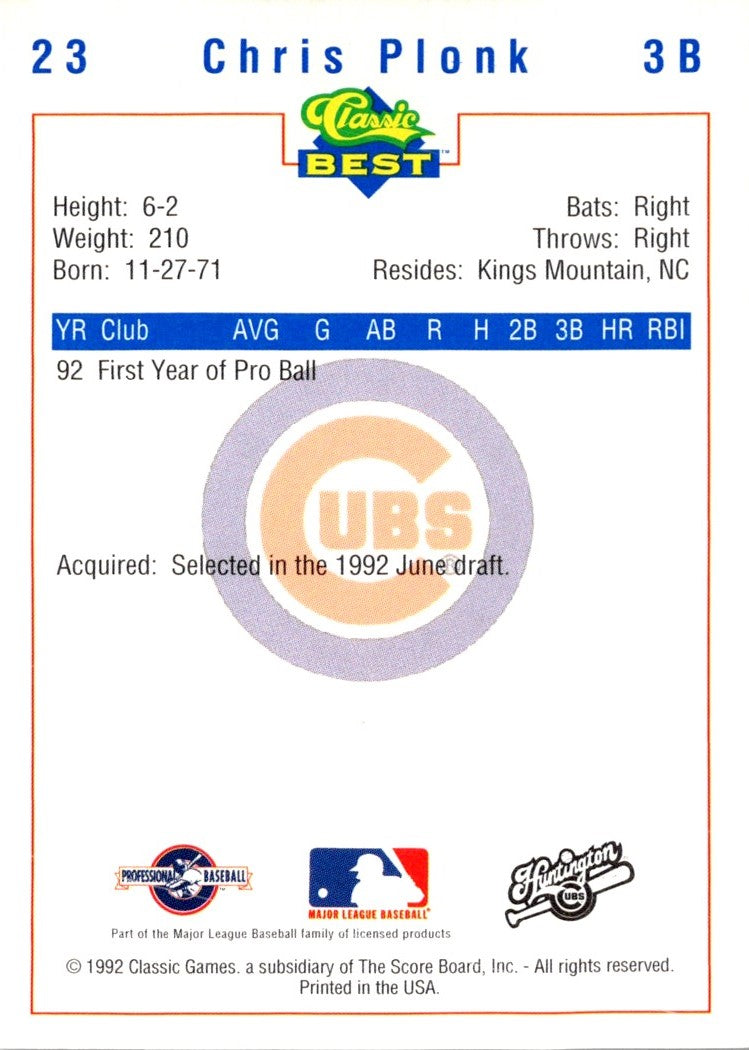 1992 Classic Best Huntington Cubs Chris Plonk