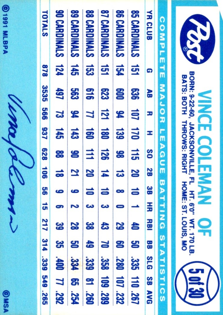 1991 Post Cereal Vince Coleman