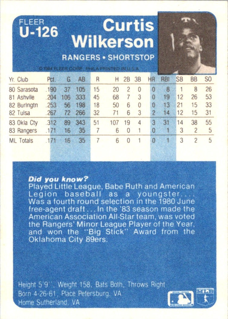 1984 Fleer Update Curtis Wilkerson