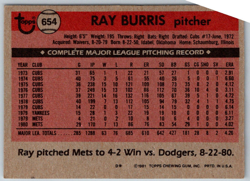 1981 Topps Ray Burris