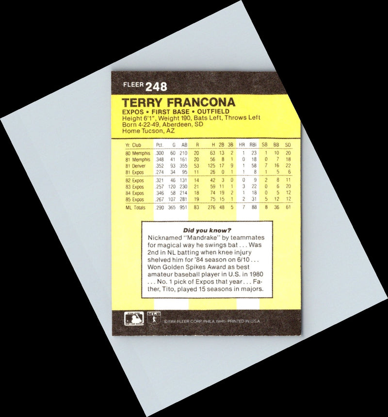 1986 Fleer Terry Francona