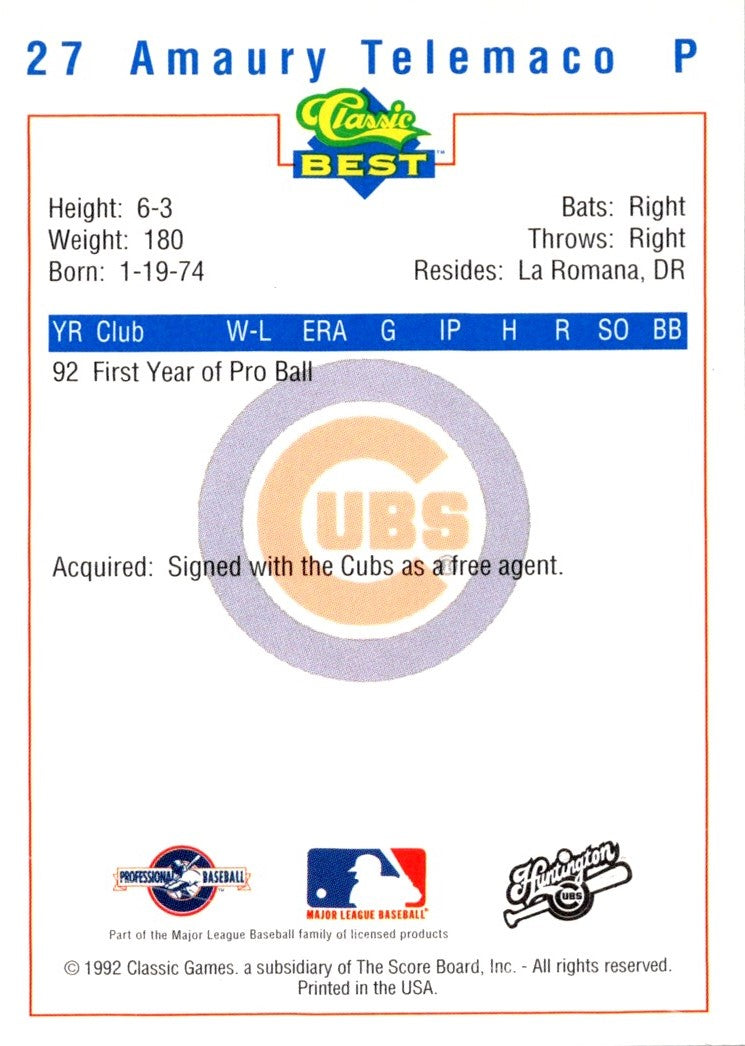 1992 Classic Best Huntington Cubs Amaury Telemaco