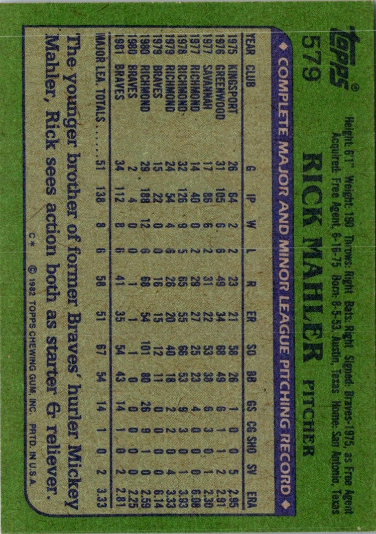 1982 Topps Rick Mahler