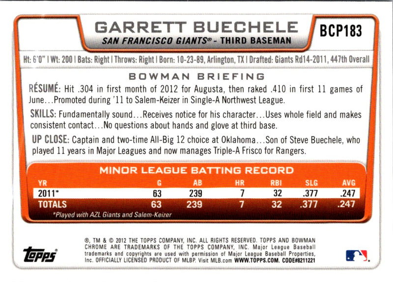 2012 Bowman Chrome Prospects Garrett Buechele