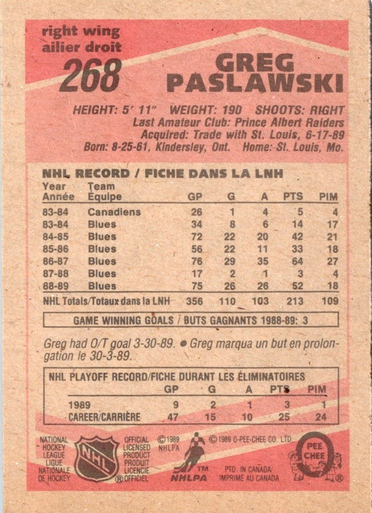 1989 O-Pee-Chee Greg Paslawski