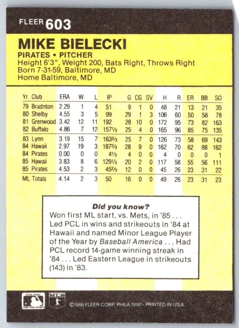 1986 Fleer Mike Bielecki