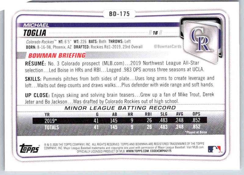 2020 Bowman Draft Michael Toglia