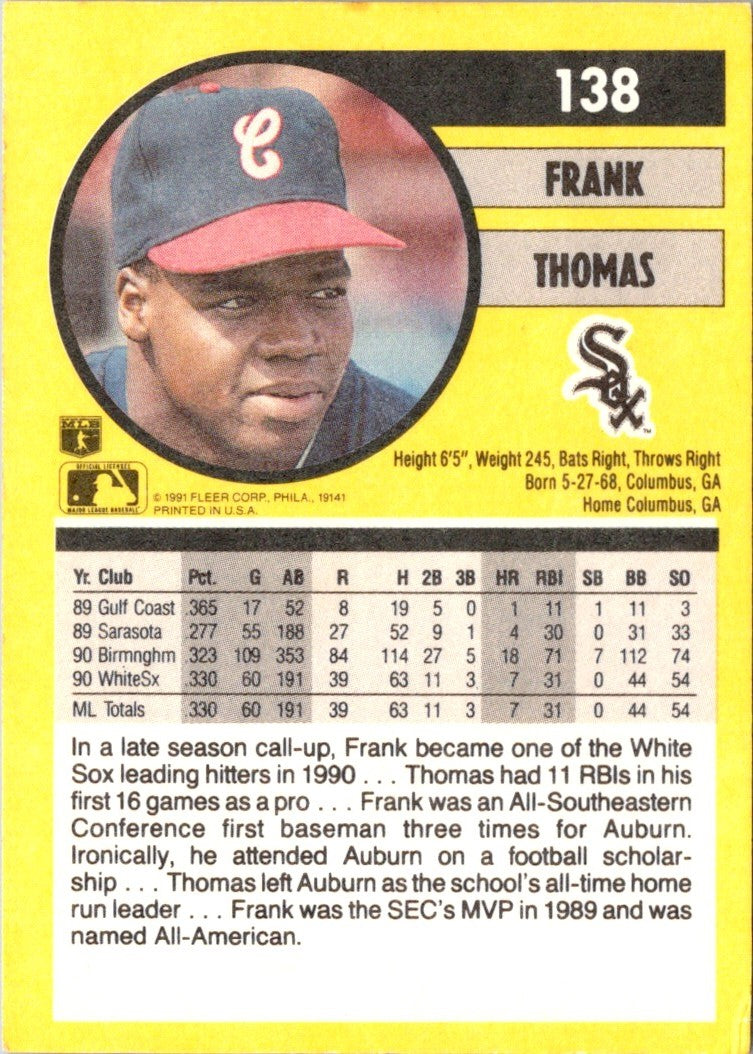1991 UPPER DECK BASEBALL CARD #246 FRANK THOMAS CHICAGO WHITE SOX