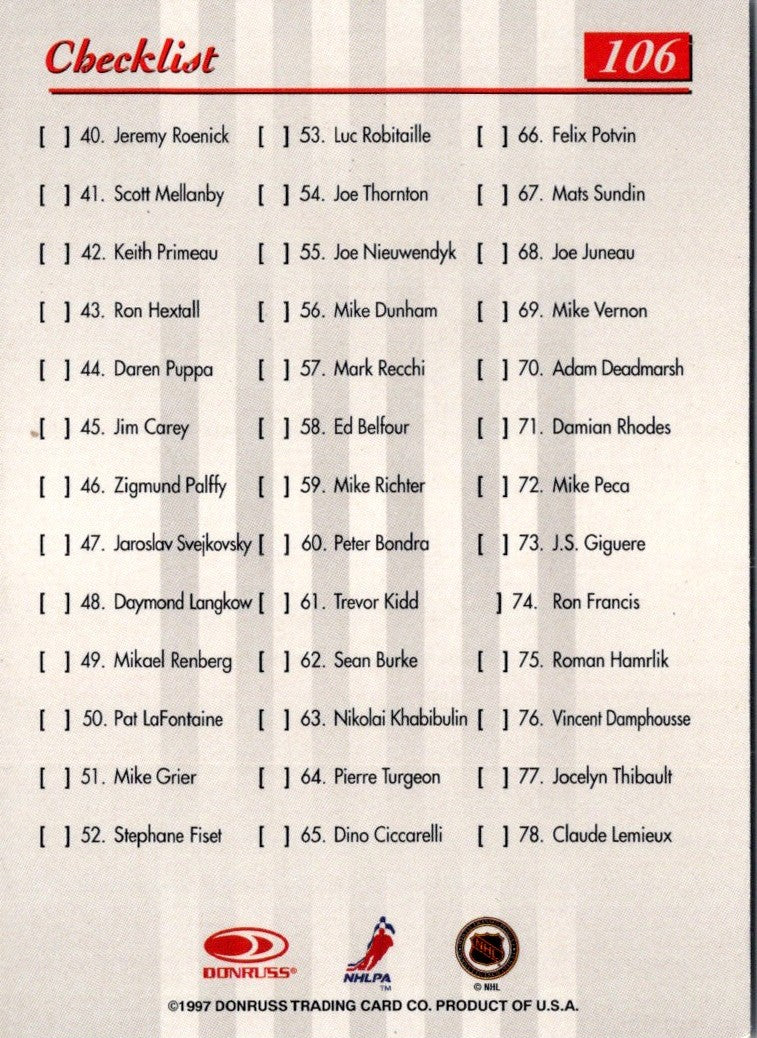 1997 Studio Press Proofs Silver Steve Yzerman Checklist (40-78)