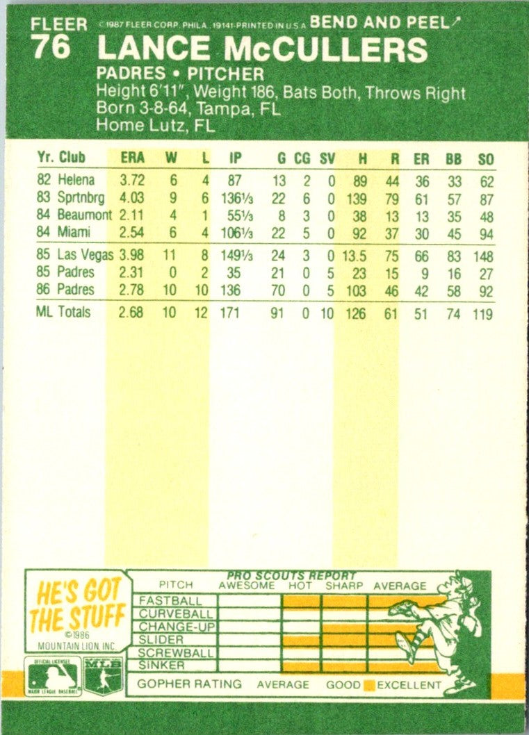 1987 Fleer Star Stickers Lance McCullers