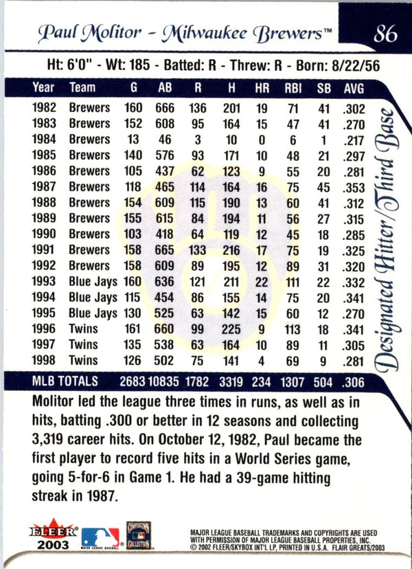 2003 Flair Greats Paul Molitor #86