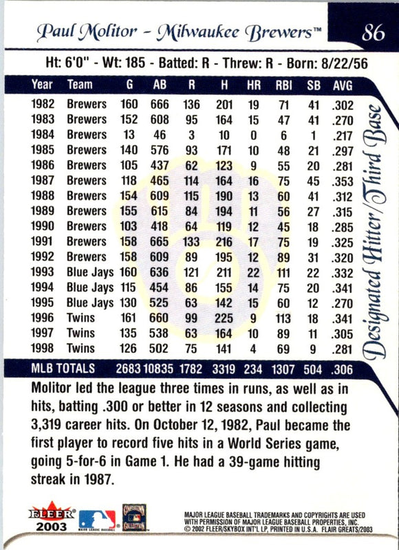 2003 Flair Greats Paul Molitor #86