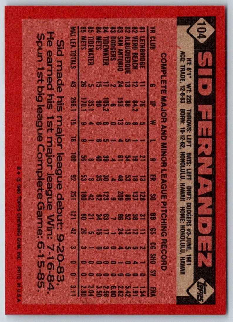 1986 Topps Sid Fernandez