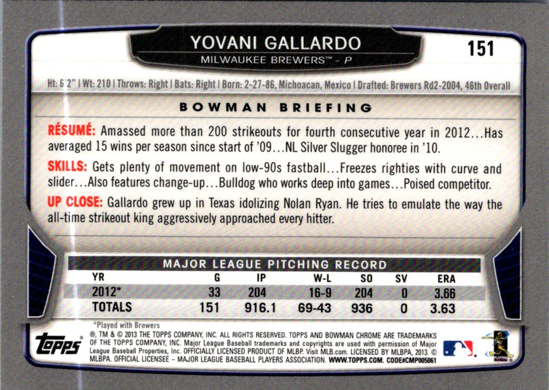 2013 Bowman Chrome Yovani Gallardo