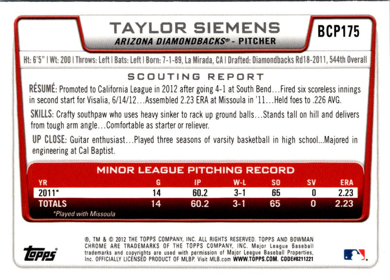 2012 Bowman Chrome Prospects Taylor Siemens