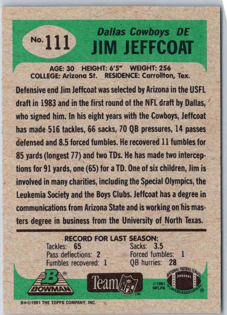 1991 Bowman Football Jim Jeffcoat