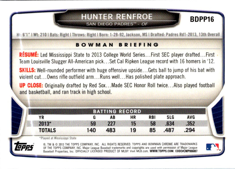 2013 Bowman Draft Picks & Prospects Chrome Hunter Renfroe