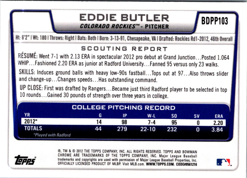 2012 Bowman Draft Picks & Prospects Eddie Butler