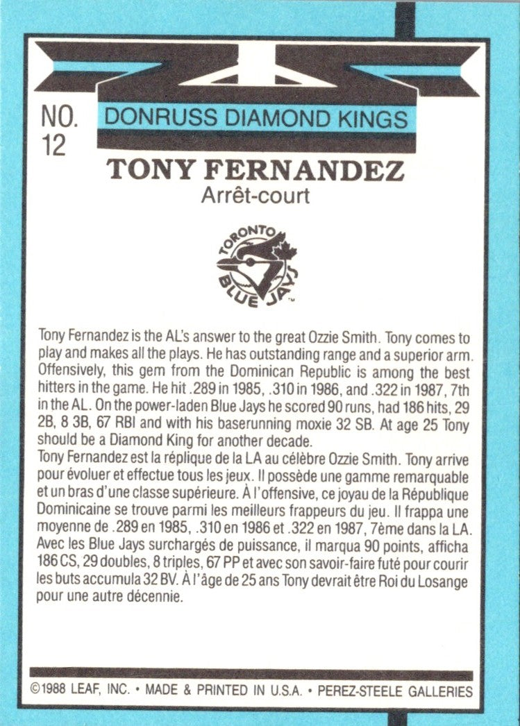 1988 Donruss Diamond Kings Tony Fernandez