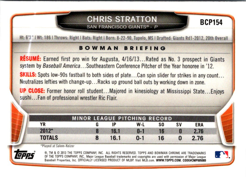 2013 Bowman Chrome Prospects Blue Wave Refractors Chris Stratton