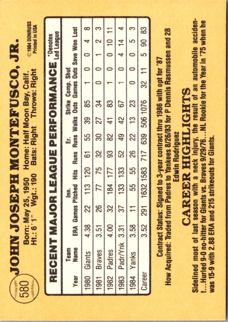 1985 Donruss John Montefusco