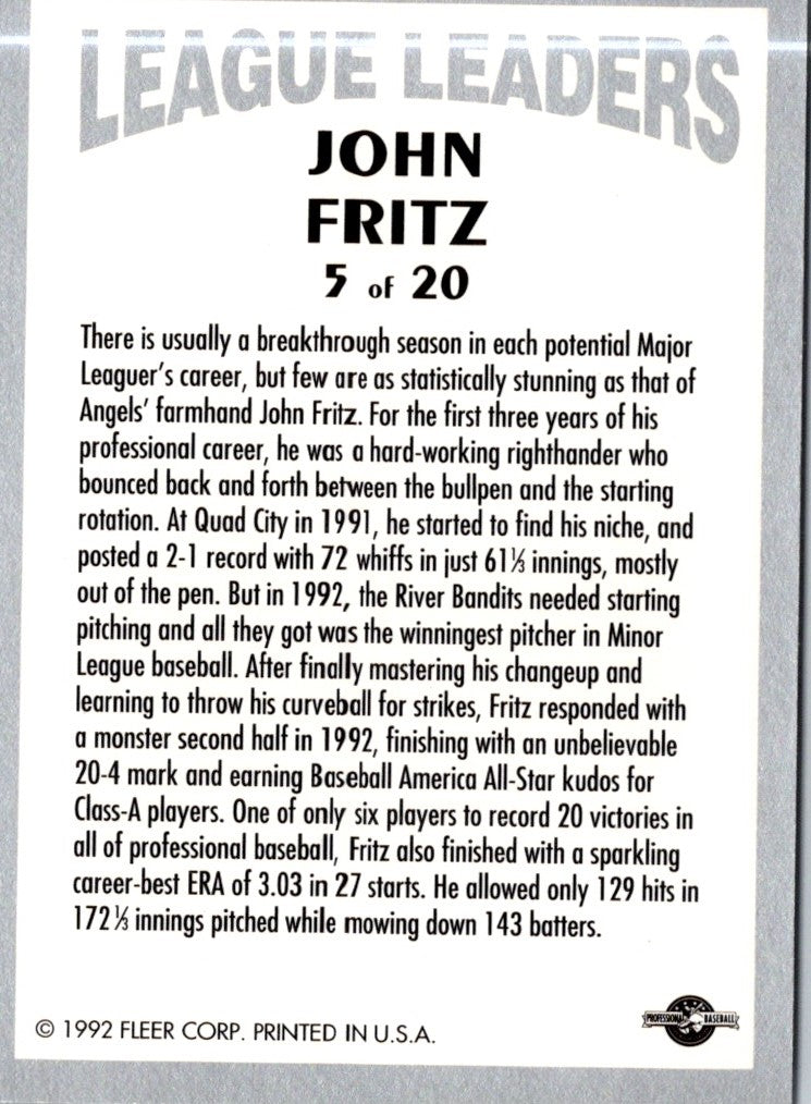 1992 Fleer Excel League Leaders John Fritz