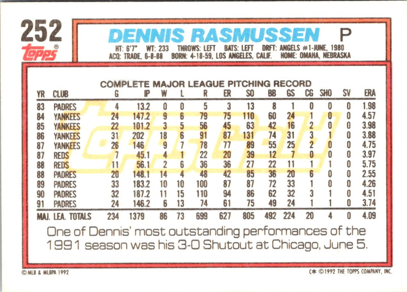 1992 Topps Dennis Rasmussen