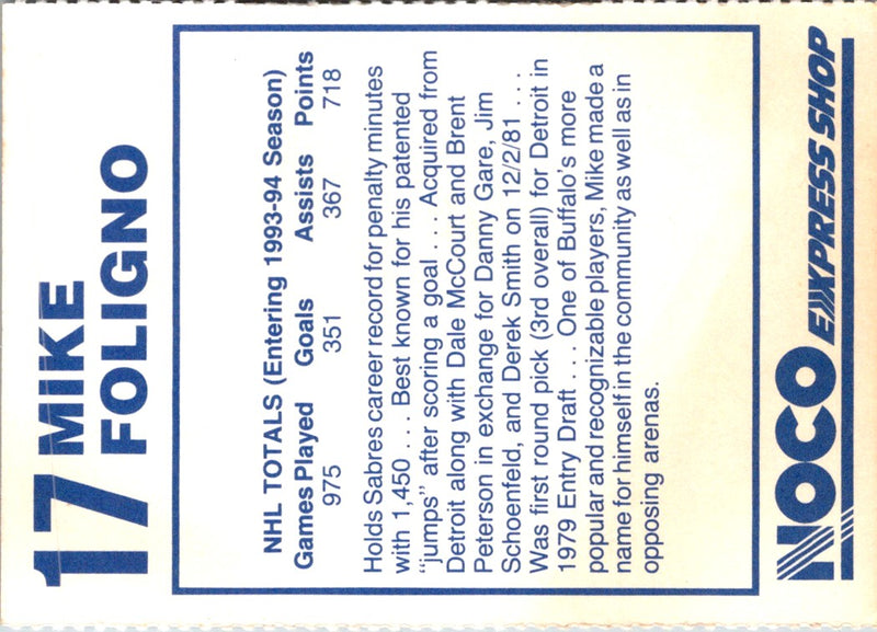 1993 NOCO Buffalo Sabres Mike Foligno