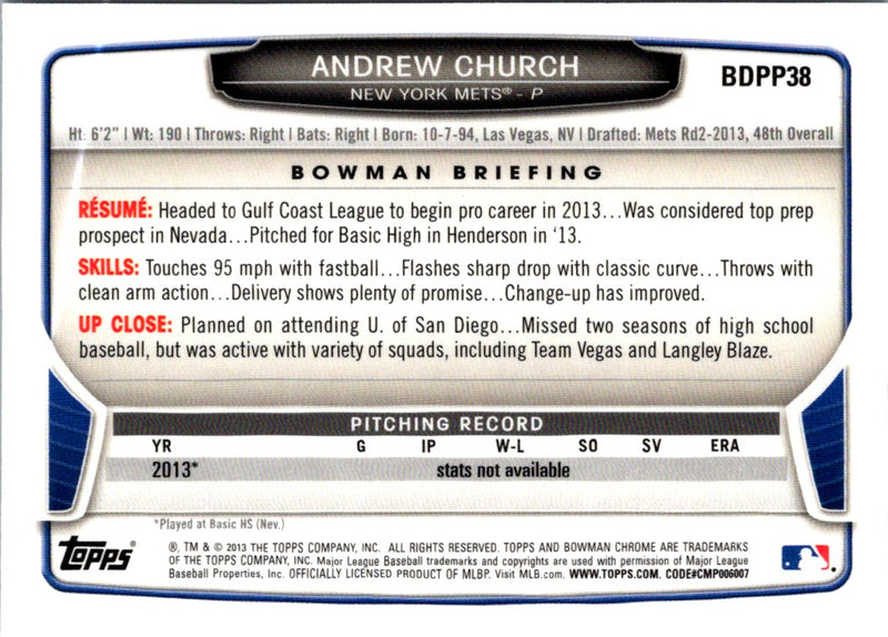 2013 Bowman Draft Picks & Prospects Chrome Andrew Church