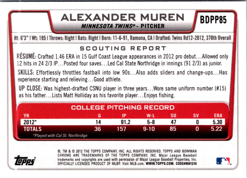 2012 Bowman Draft Picks & Prospects Chrome Alexander Muren