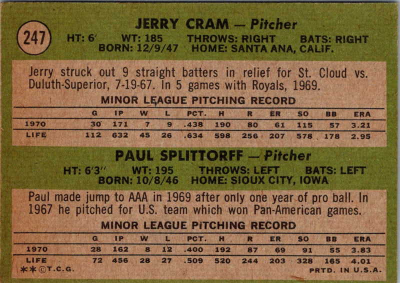 1971 Topps Royals Rookies - Jerry Cram/Paul Splittorff