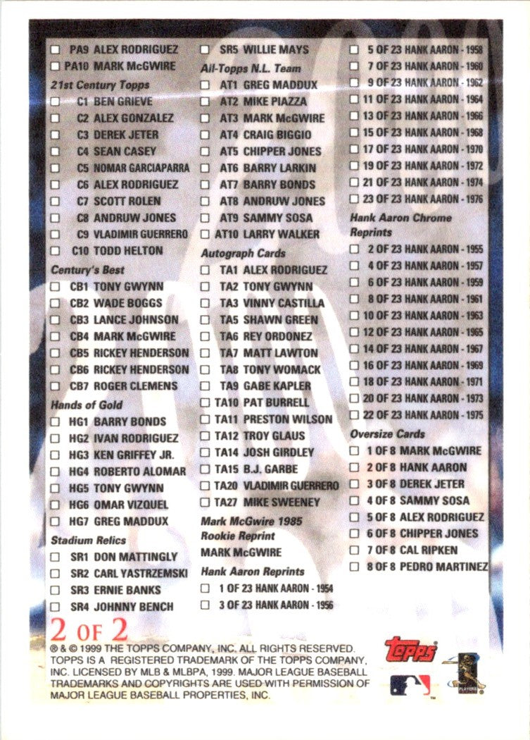 2000 Topps Checklist Series 1 Checklist Checklist 2 of 2