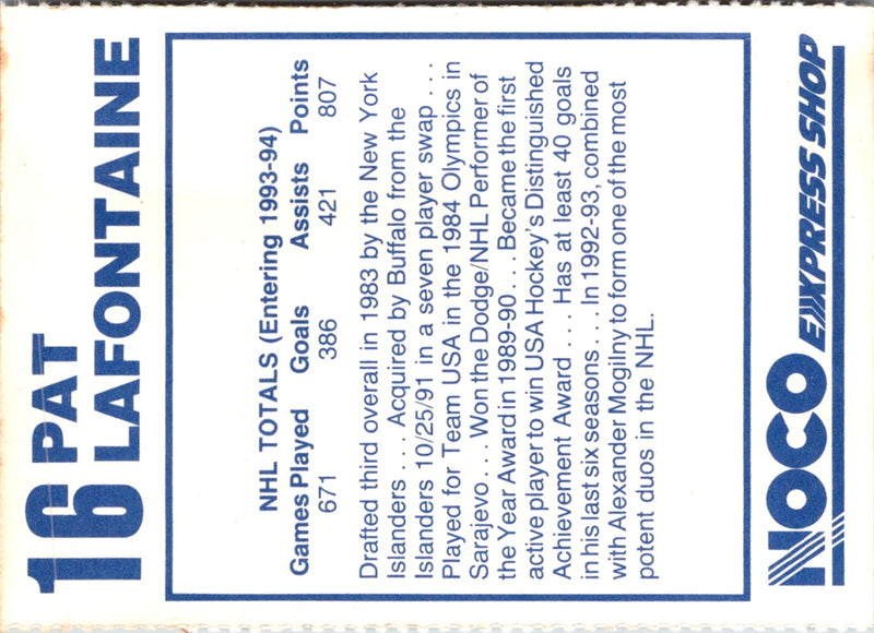 1993 NOCO Buffalo Sabres Pat LaFontaine